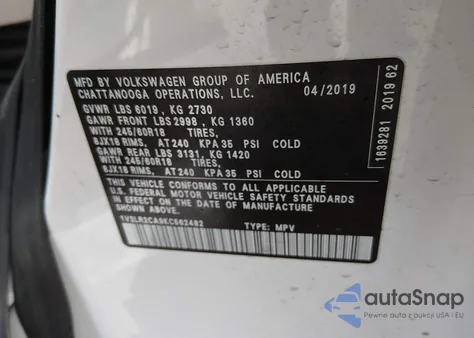 2019 Volkswagen Atlas 3.6L V6 Se z USA, uszkodzony, nr VIN 1V2LR2CA9KC562482